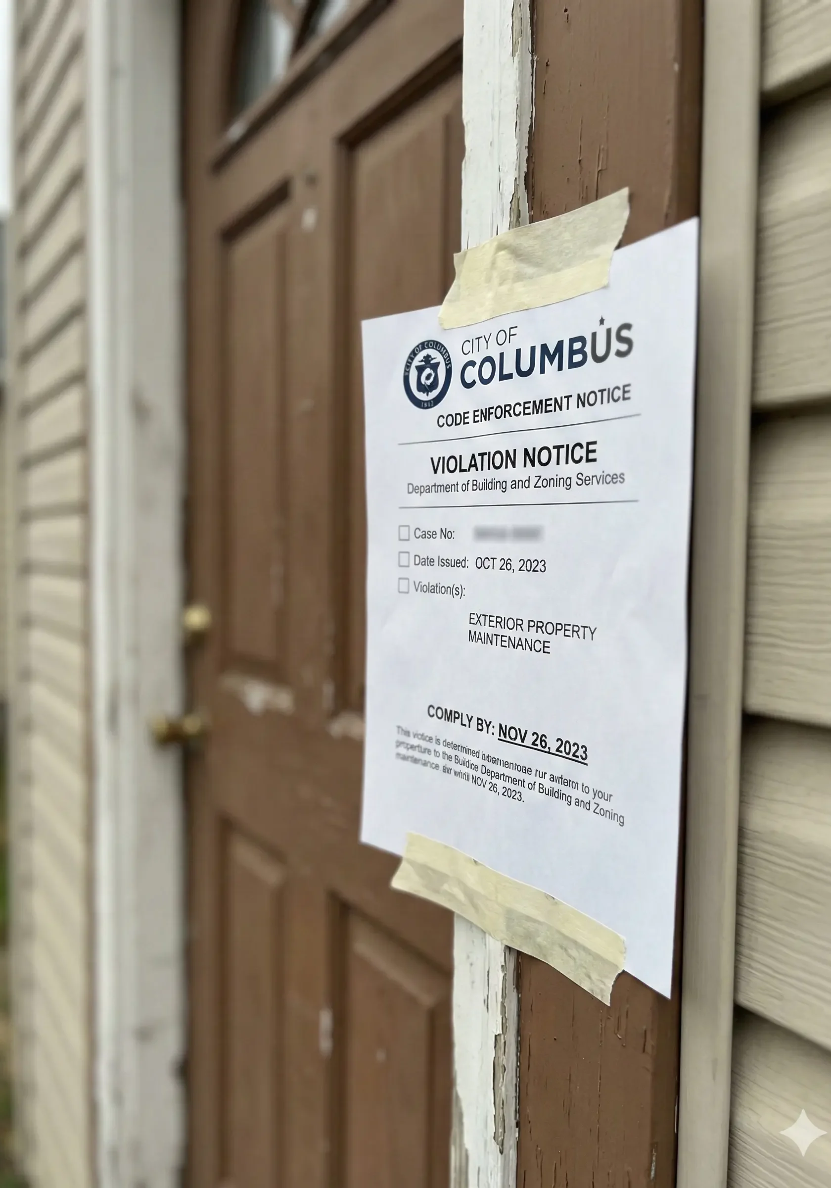 city-of-columbus-code-enforcement-violation-notice.webp Official City of Columbus Code Enforcement violation notice taped to the front door frame of a residential property.