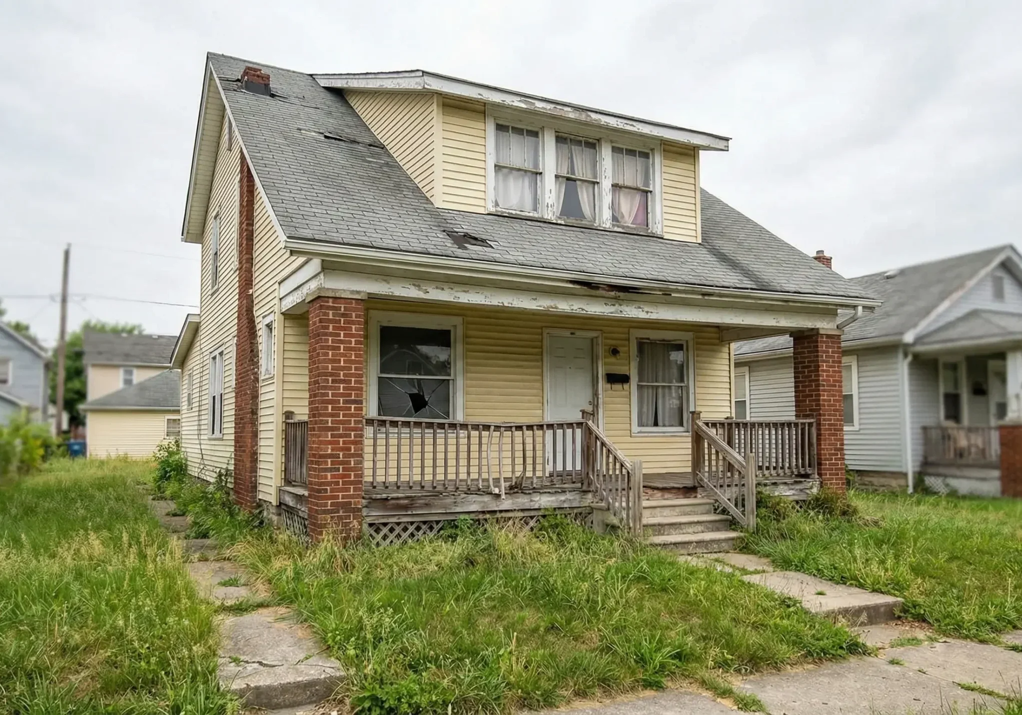 sell-house-code-violations-columbus-ohio-exterior.webp Exterior of a distressed yellow single-family home in Columbus, Ohio, showing common code violations like peeling paint, broken porch railing, and overgrown landscaping.