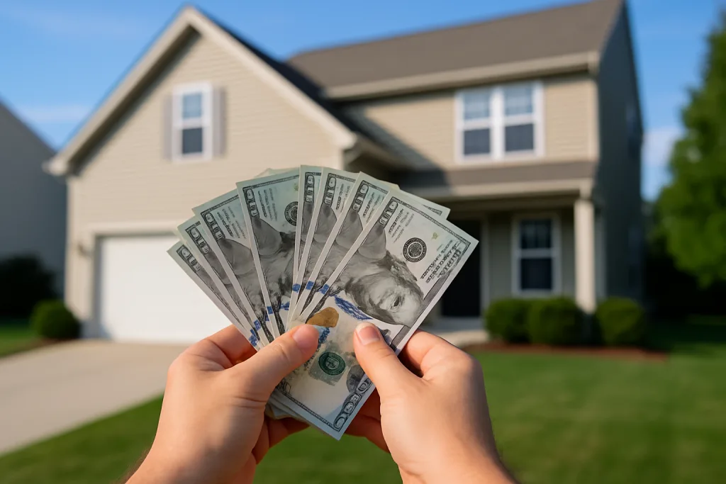 Hands holding cash in front of a suburban house in Columbus Ohio