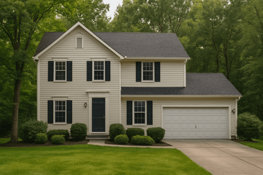 Suburban two-story home in Columbus Ohio with garage, beige siding, black shutters, and manicured lawn.