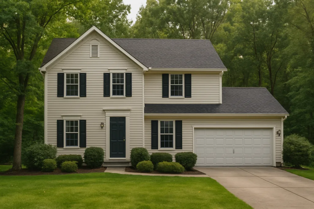 Suburban two-story home in Columbus Ohio with garage, beige siding, black shutters, and manicured lawn.
