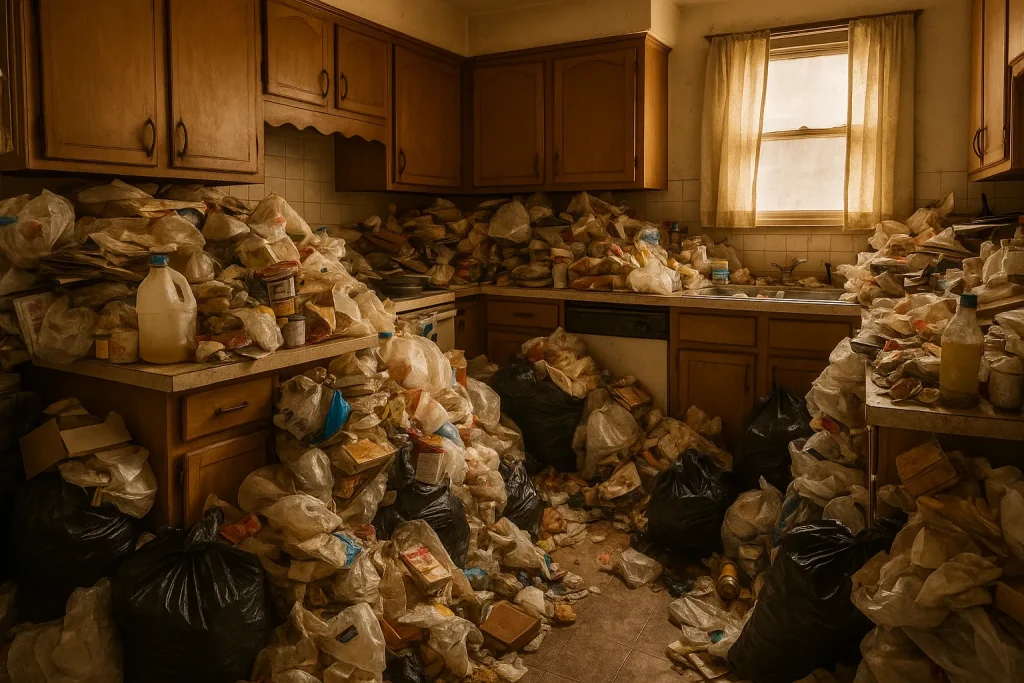 Cluttered kitchen in Columbus Ohio hoarder house with overflowing garbage bags, food waste, and stacked debris covering the counters and floor.