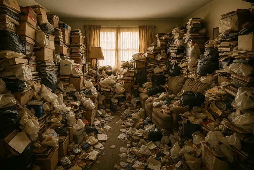 Interior of hoarder house in Columbus before as-is cash sale showing accumulated belongings