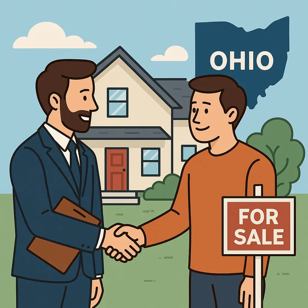 A cartoon-style illustration of a real estate agent assisting a homeowner in Ohio, symbolizing trust and a positive resolution during a Ohio foreclosure.