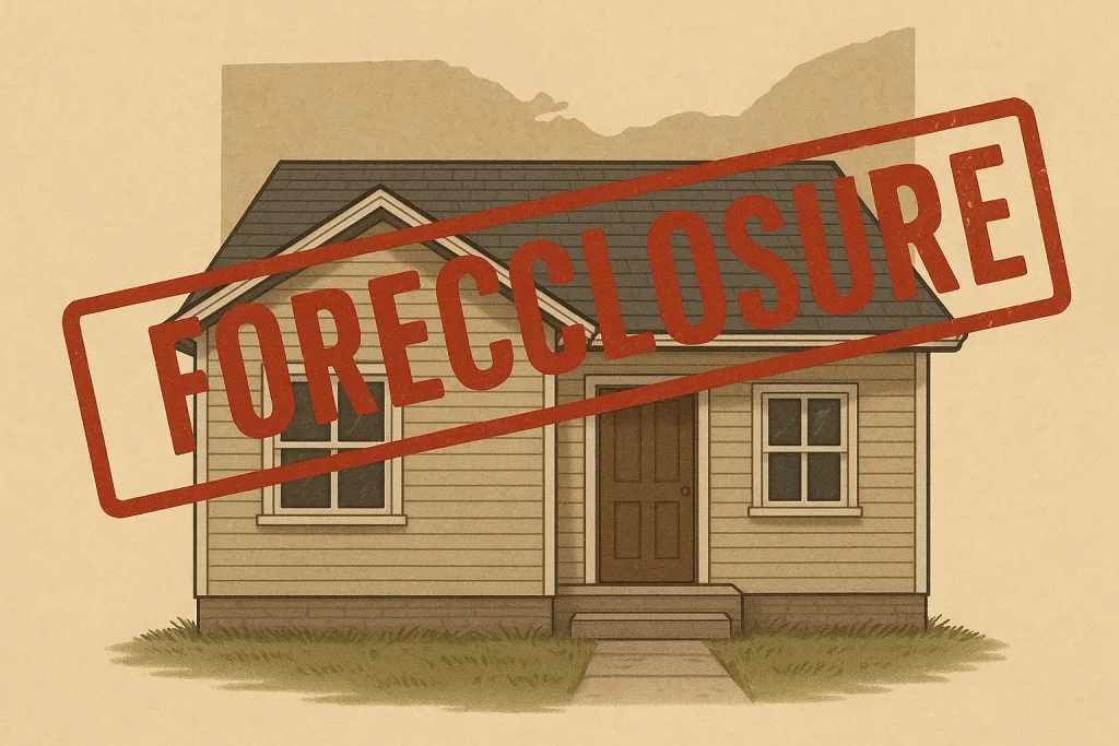 Illustration of a modest Ohio home with a large red foreclosure stamp across it, representing the foreclosure process in Ohio.