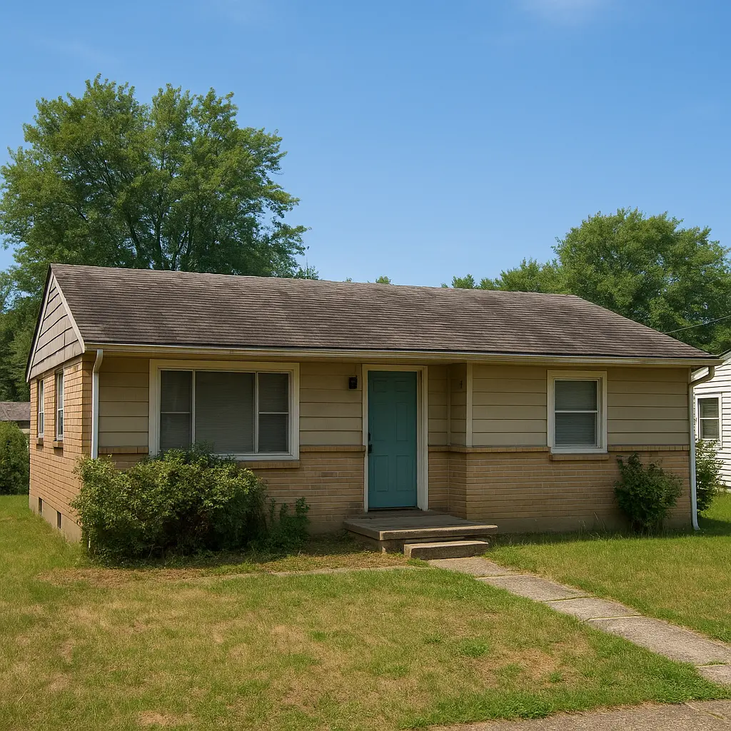 1960s ranch home exterior in Grove City Ohio, aged house needing repairs before sale. perfect for a cash home buyer