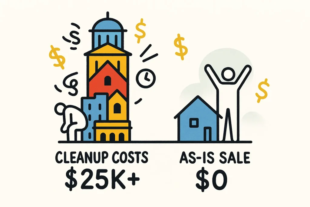 Playful bar chart comparing hoarding cleanup costs with an as-is sale, using Columbus landmarks and cartoon elements.