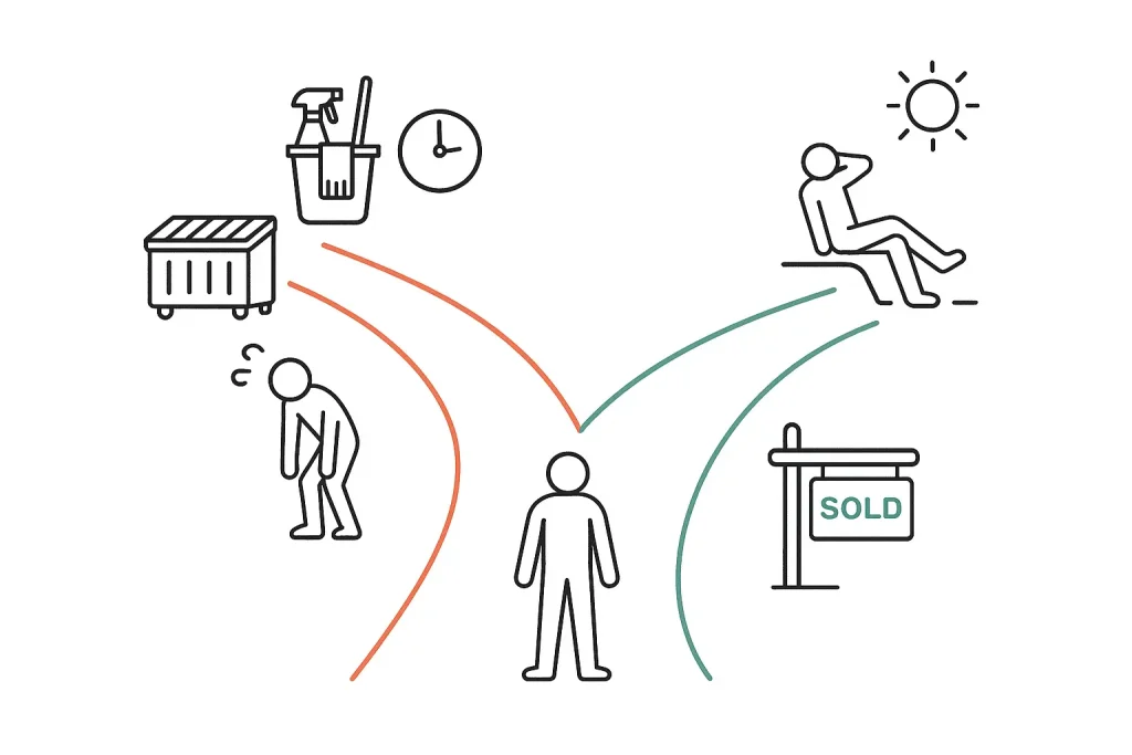  Playful line art showing a family’s choice between the stressful cleanup path and an easy as-is sale in Columbus.