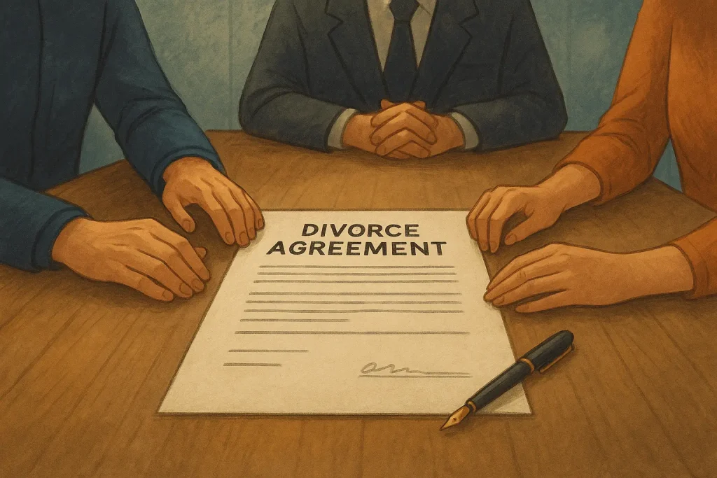 Couple sitting at a kitchen table reviewing documents while Selling a house during a divorce in Columbus Ohio, showing the emotional challenges of this difficult decision.