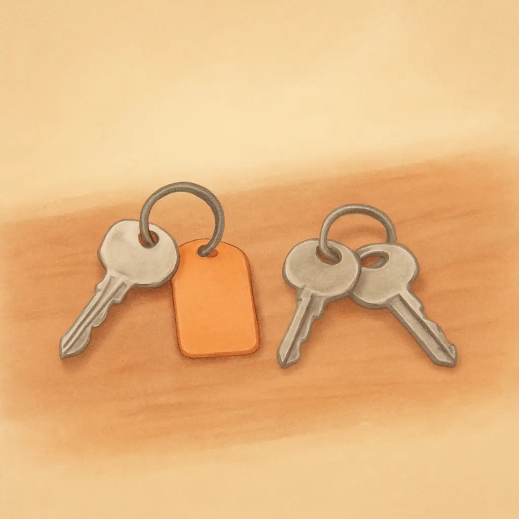 Two sets of house keys resting on a table, symbolizing the final step of Selling a house during a divorce in Columbus Ohio as both spouses move forward.