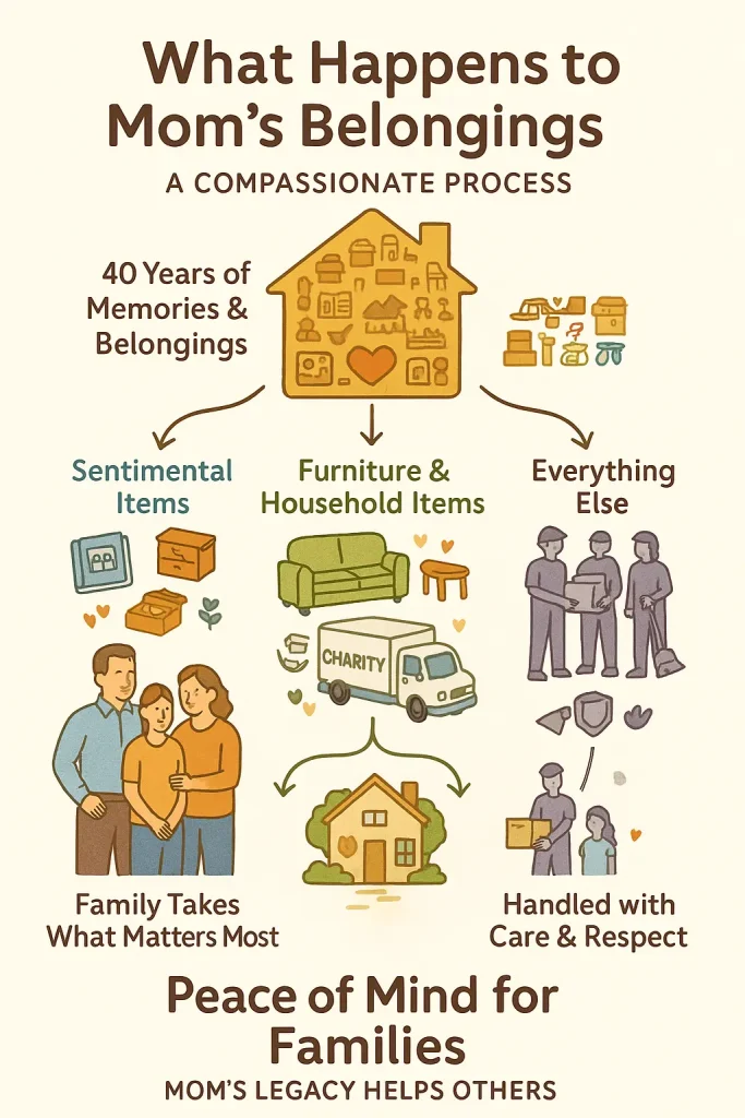 Infographic showing the process of sorting a deceased loved one's belongings—sentimental items, furniture donations, and respectful handling—when selling an inherited house in Columbus, Ohio.