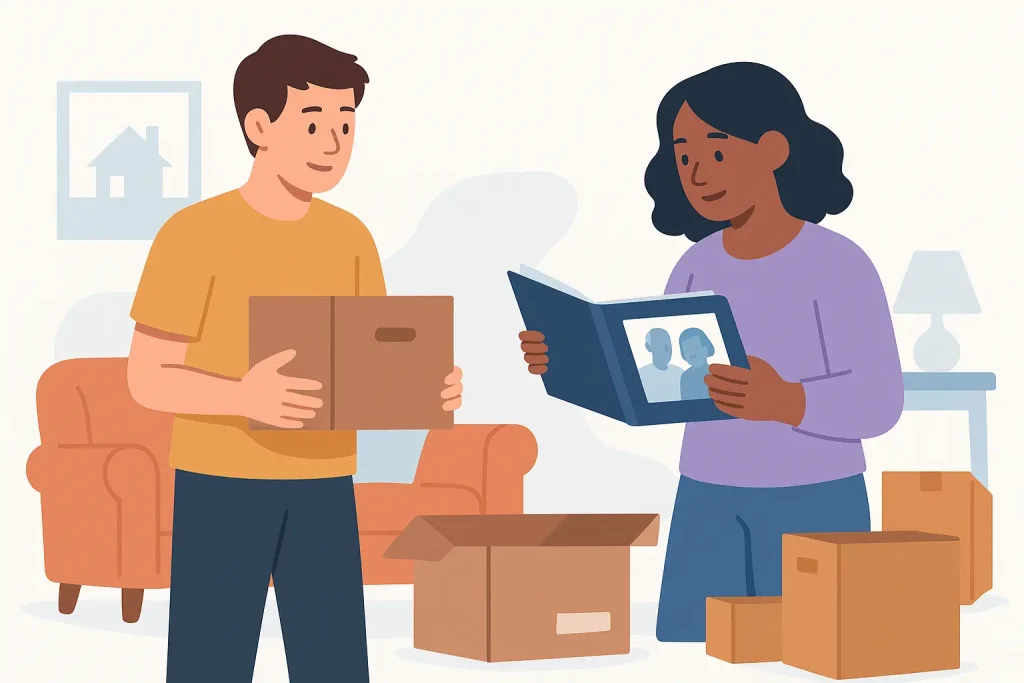 Illustration of a man and woman sorting boxes and a photo album, preparing to sell an inherited house in Columbus, Ohio.