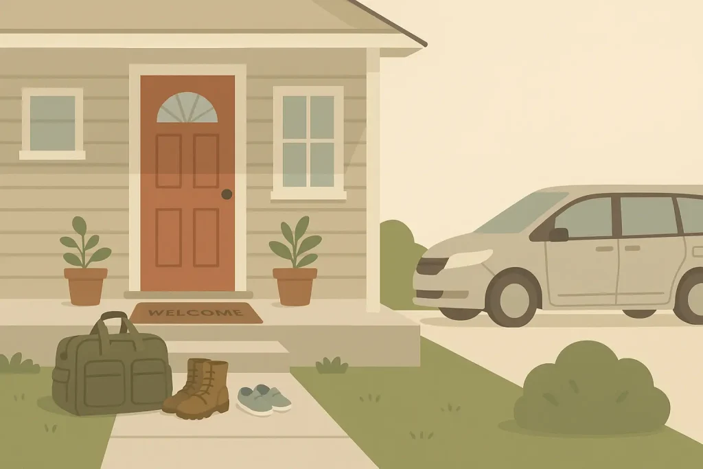 Illustration of suburban home front porch with military duffle bag and family shoes, representing a sell and rent back situation in Columbus Ohio.