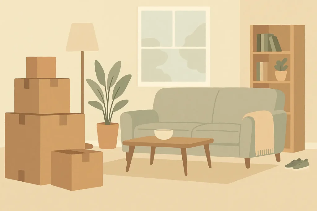 Flat illistration of a living room in Columbus Ohio with moving boxes and a couch.  The family is selling the house and renting it back
