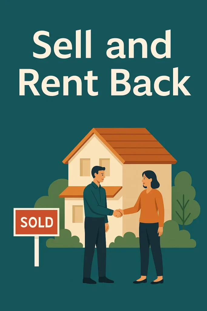 Flat-style illustration of two people in Columbus Ohio in front of a home with a sold sign.  The words Sell and rent back on written on the illustration 
