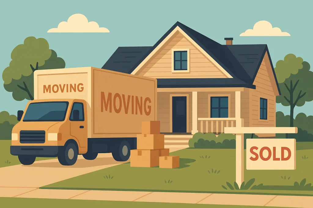 Flat-style vector illustration of a house with a SOLD sign and a moving truck, symbolizing the sale of an inherited home in Columbus, Ohio.