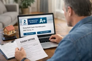 Homeowner in Columbus Ohio checking a Better Business Bureau BBB profile before choosing a cash home buyer