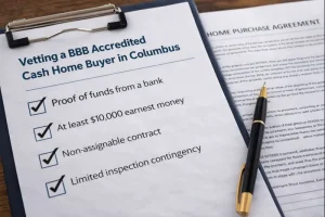 Checklist and purchase contract used to vet a BBB accredited cash home buyer in Columbus Ohio