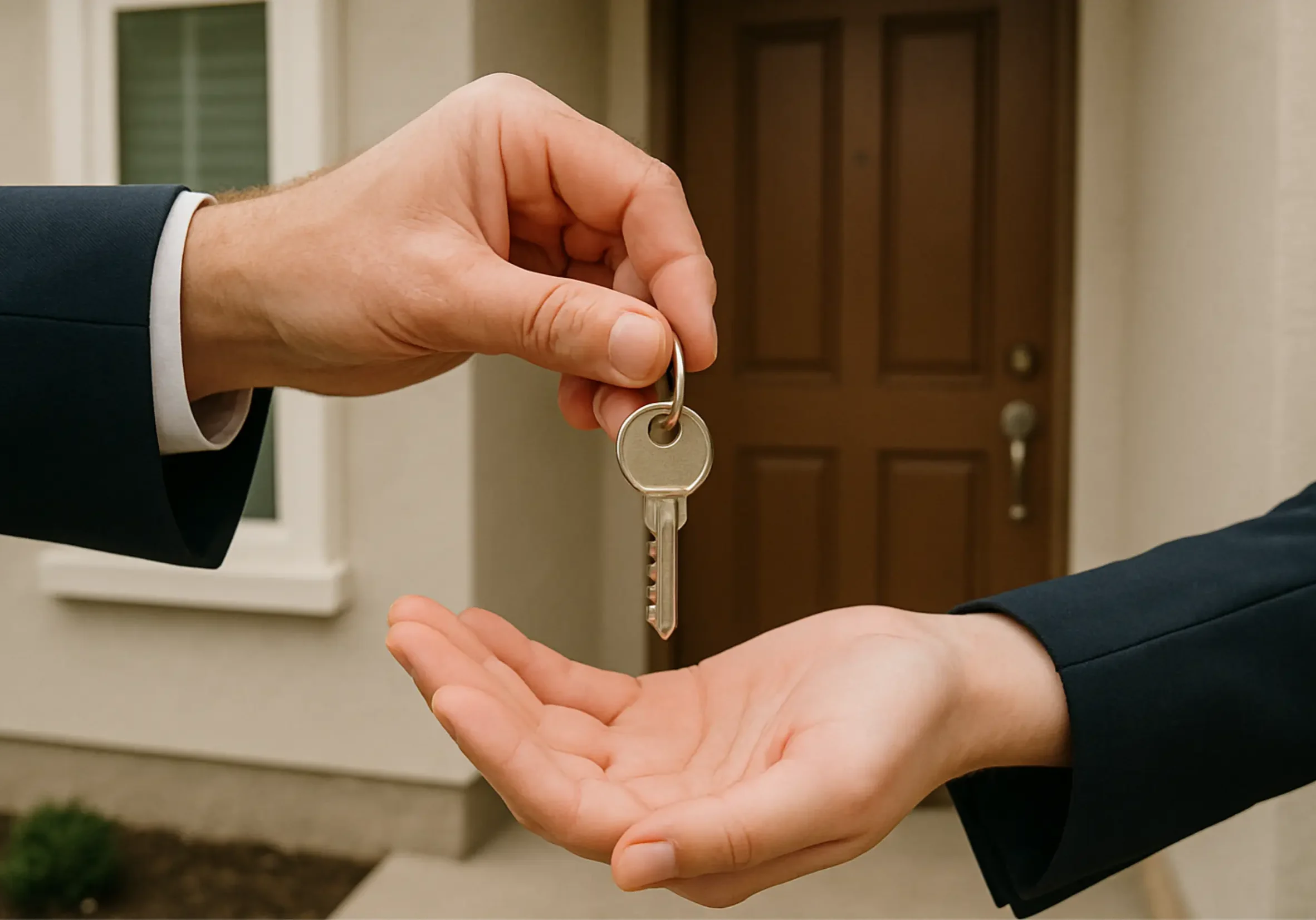 Close-up of a key handoff between two people outside a home, with one hand belonging to a woman who just sold their Columbus Ohio house in poor condition