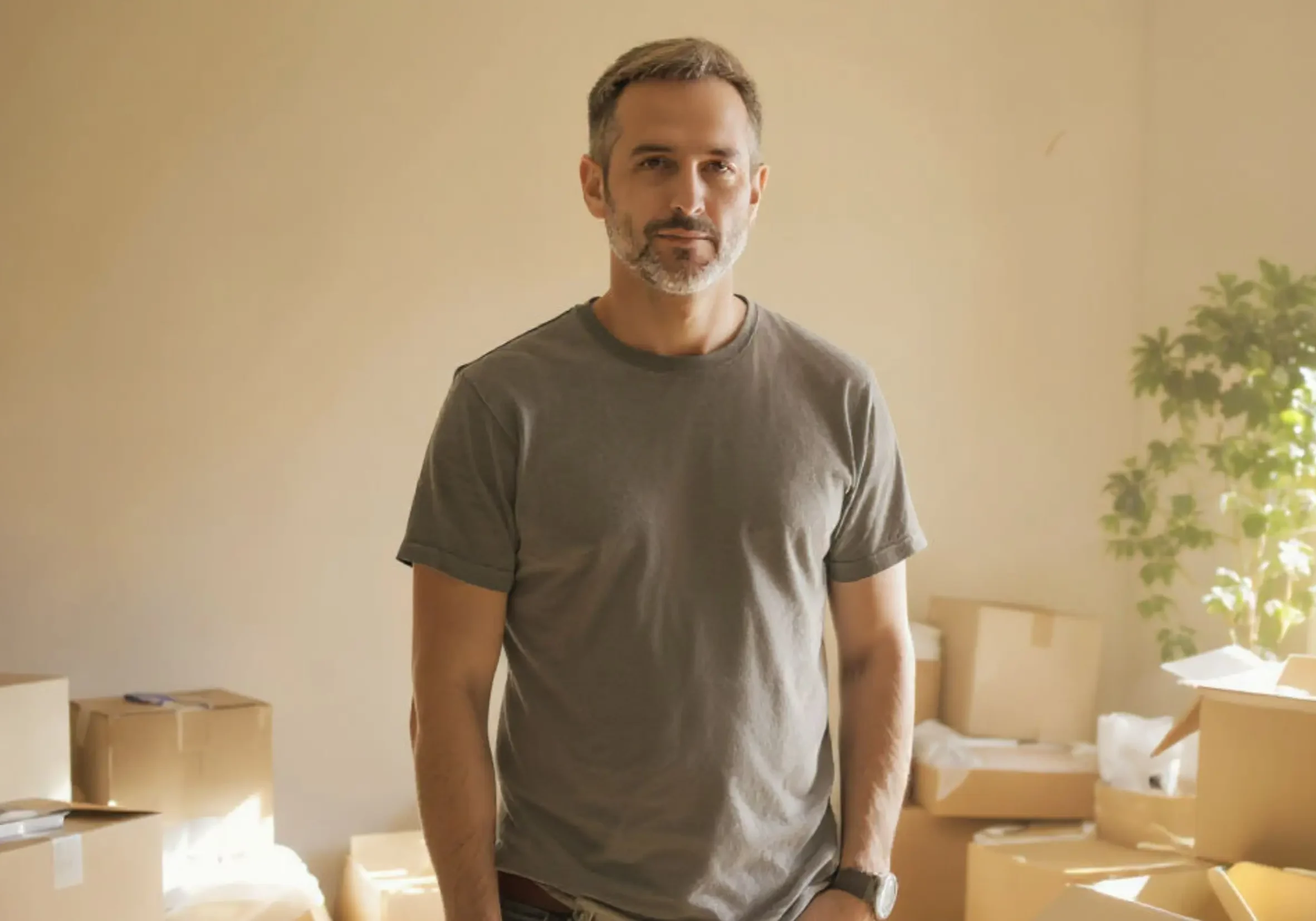 Columbus Ohio homeowner standing in a partially packed room with moving boxes, appearing relieved and ready to move