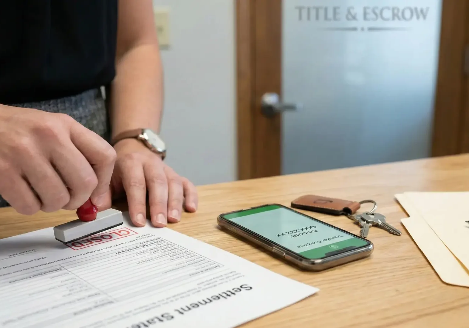 Keys beside a wire transfer confirmation at a Columbus title office showing a quick distressed sale closing