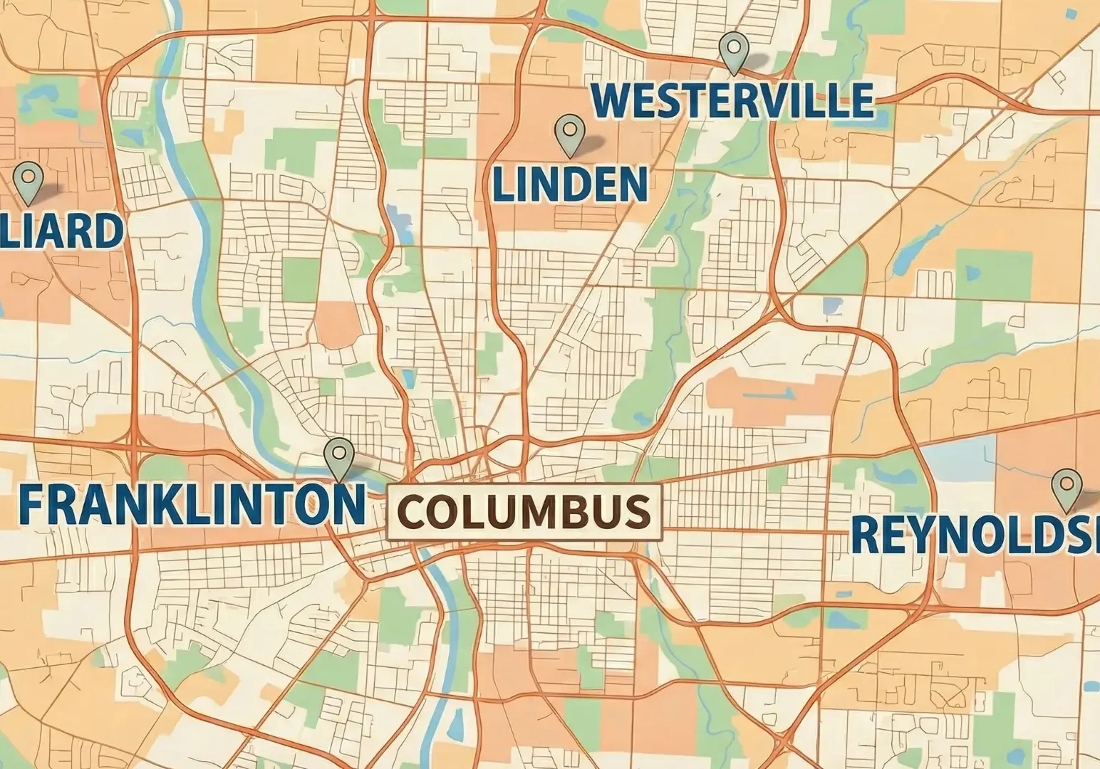 Map of Columbus Ohio with pins for Hilliard Linden Westerville Reynoldsburg and Franklinton for distressed house sales