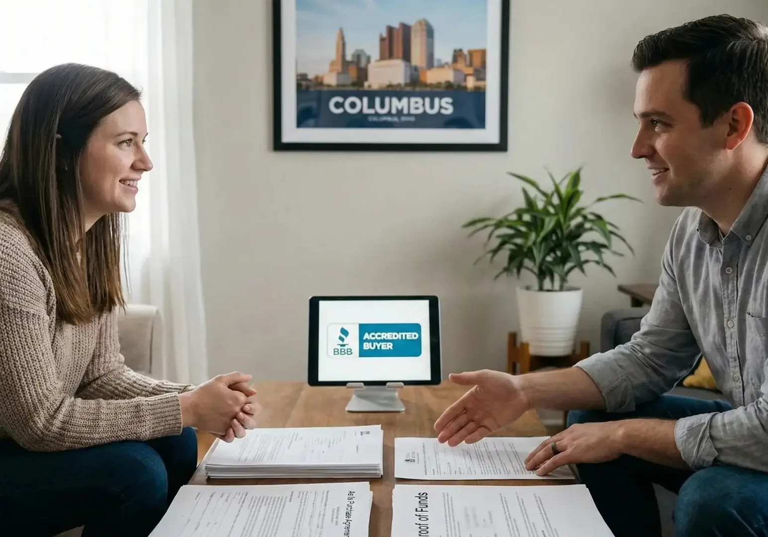 Homeowner reviews proof of funds with a BBB accredited cash home buyer in Columbus for a distressed sale